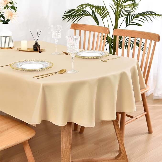 Wolkemer Large Oval Tablecloth 60 x 120 Inch Washable Fabric Table Cloth Solid Beige Table Cover for Dining Wedding Party Banquet Tabletop Decoration