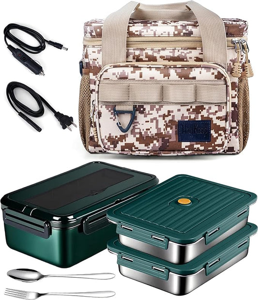 Electric Lunch Box 80W Heated Lunch Boxes for Adults Work/Car/Truck/Home, 1.8L Portable Food Warmer Heating Lunchbox with Insulated Lunch Cooler Bag 12V 24V 110V