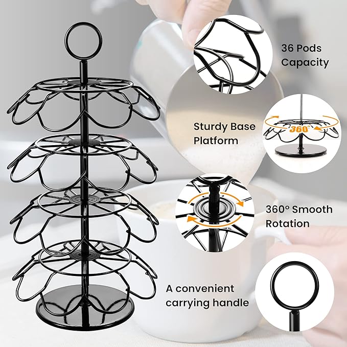 4-Tier K-Cup Holder Compatible with 36 K-Cups, Coffee Pod Carousel, Coffee Pod Storage Stand Detachable Organizer for Countertop, Spins 360-Degrees