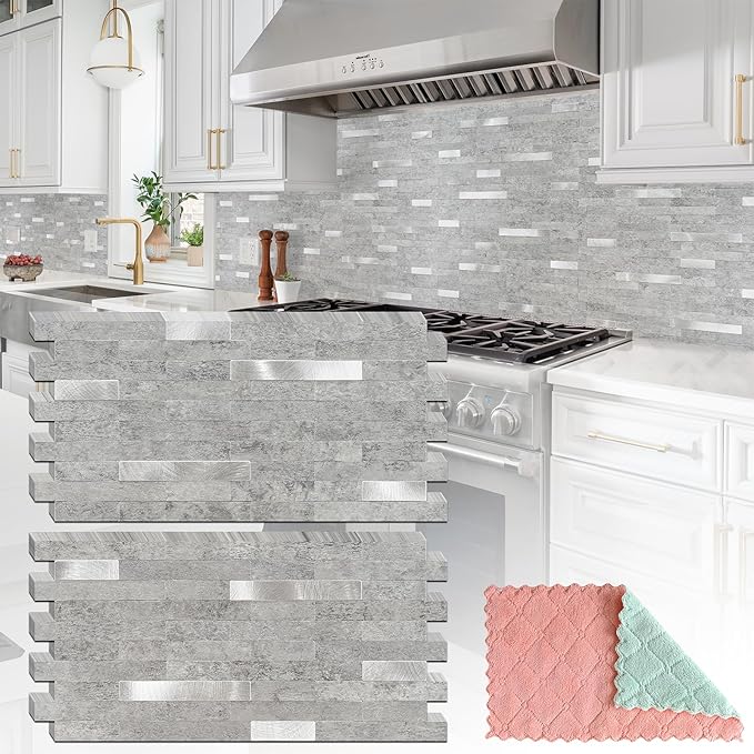 20 Sheets Peel and Stick Backsplash for Kitchen, Slate Gray with Metal Silver Look Stick on Tile Upgrade Your Kitchen Backsplash, RV, Fireplace