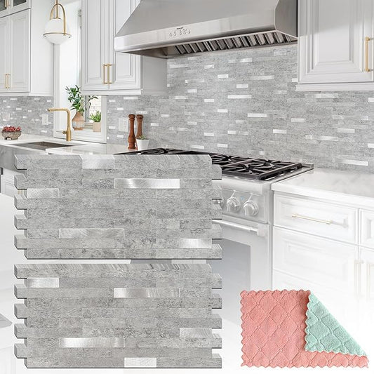 20 Sheets Peel and Stick Backsplash for Kitchen, Slate Gray with Metal Silver Look Stick on Tile Upgrade Your Kitchen Backsplash, RV, Fireplace