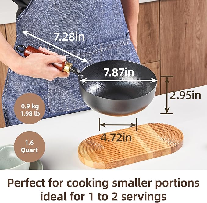 VIVIDCOOKWARE 7.8 Inch Small Wok, Cold-Forged Iron Pot with Wooden Lid & Handle, 1.6 QT Sauce Pan for 1-2 Servings, Multipurpose Flat Bottom Wok for Stir-Fry, Pasta & Soup, Induction Compatible