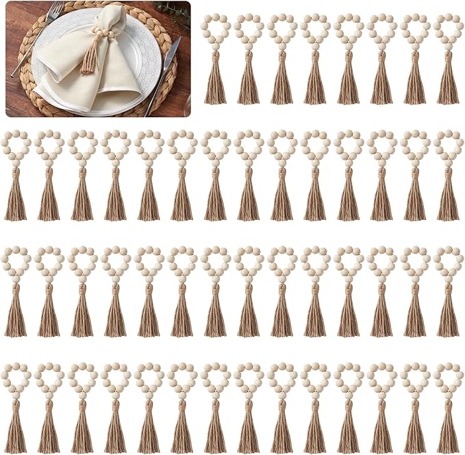 APTWOW Napkin Rings Set of 50, Wooden Napkin Rings, Wood Bead Napkins Rings for Table Decor, Farmhouse Napkins Rings for Boho Table Decor, Family Banquet, Wedding, Holiday Dinner Party