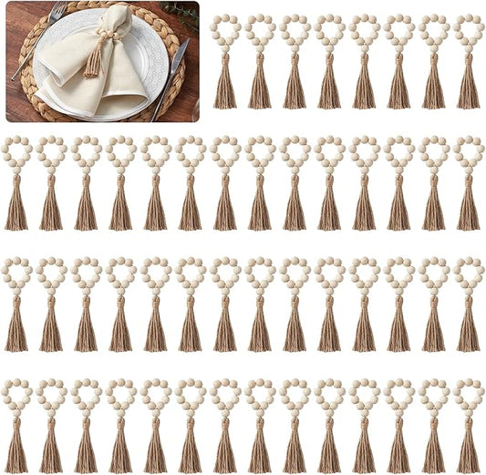 APTWOW Napkin Rings Set of 50, Wooden Napkin Rings, Wood Bead Napkins Rings for Table Decor, Farmhouse Napkins Rings for Boho Table Decor, Family Banquet, Wedding, Holiday Dinner Party