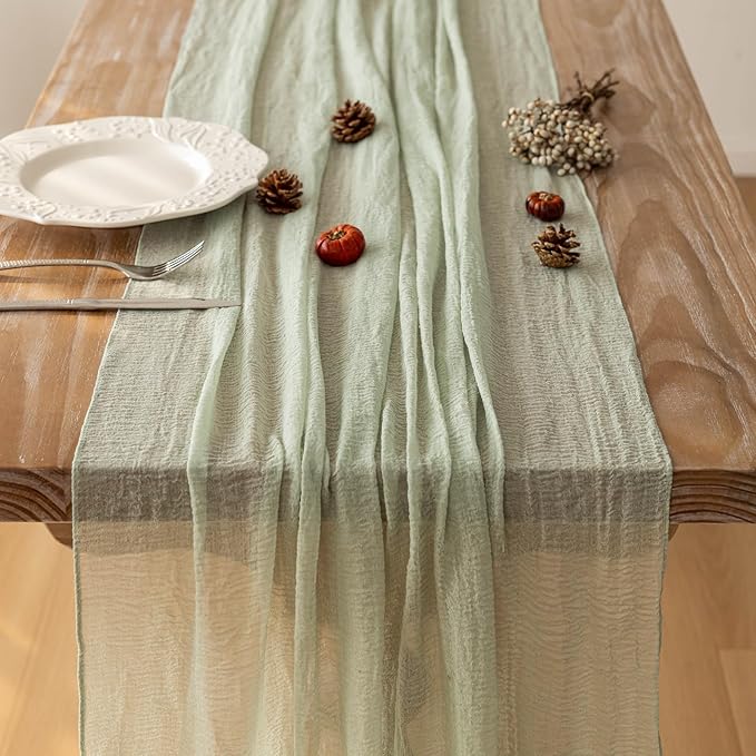 Keketoarrange Sage Green Spring Easter Cheesecloth Table Runner 120 Inch 10 FT Rustic Boho Cheese Cloth Runner for Wedding Baby Shower Bridal Shower Sheer Gauze Centerpiece Home Decorations