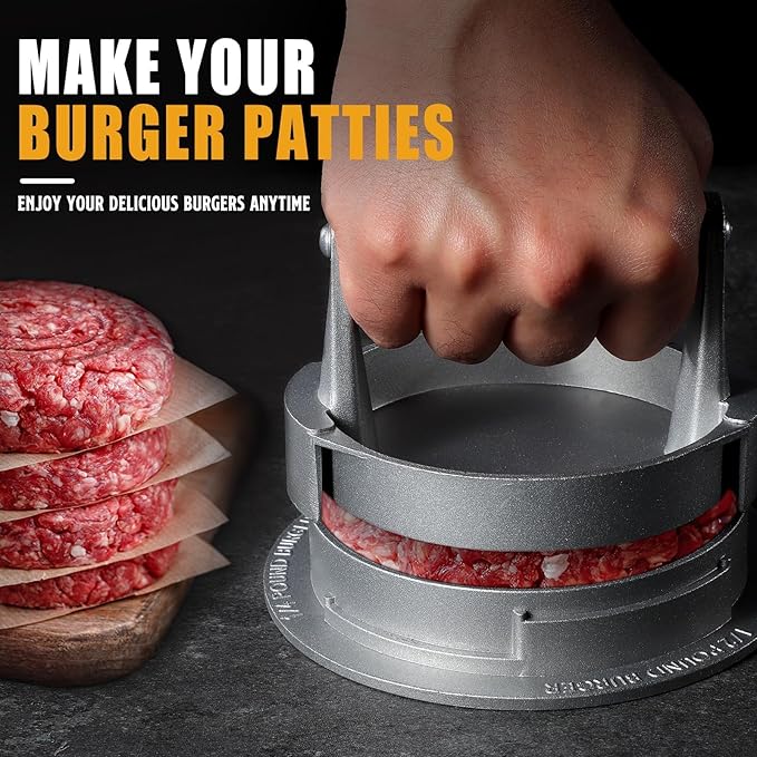 PURPLEBIRD Hamburger Press Patty Maker, Adjustable Burger Sharpener Mold, 1/2 lb, 1/3 lb, 1/4 LB, Stuffed Hamburger Ring Mold, Cast Aluminum Slider Sausage 3 in 1 Patty Maker, for Men