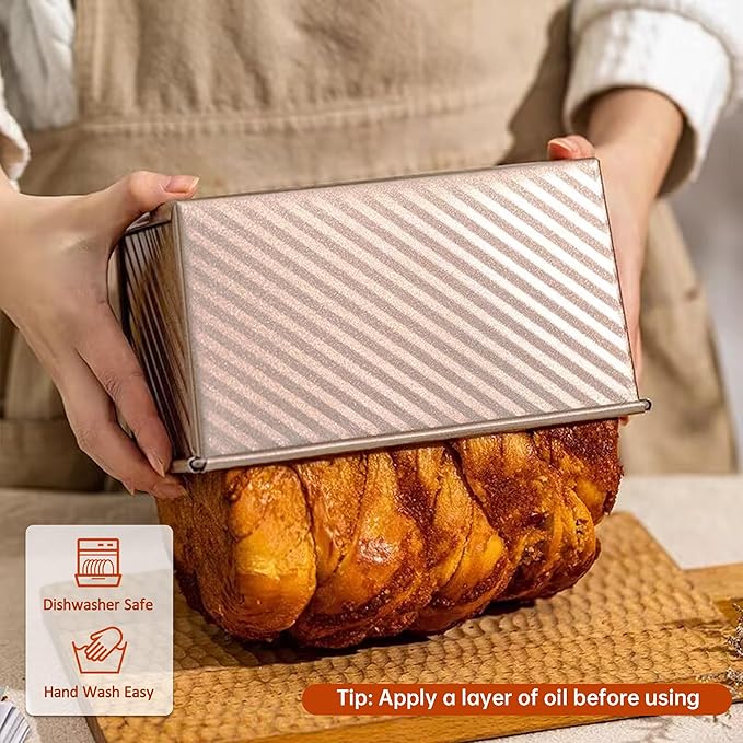 2 Pack Pullman Loaf Pan with Lid, 1 lb Dough Capacity Non-Stick Bakeware for Baking Bread, Carbon Steel Bread Toast Box with Cover, Homemade Sandwich Toast, Gold