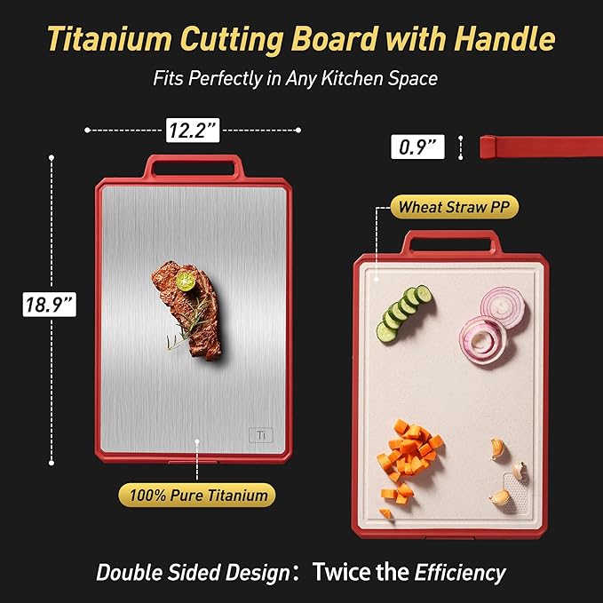 Titanium Cutting Boards for Kitchen Chopping Board with Handle Large Big Small Kitchen Meat Butcher Block Double Sided Pure Titanium and Wheat Straw PP Not Wood Bamboo Plastic Teak Red/Beige