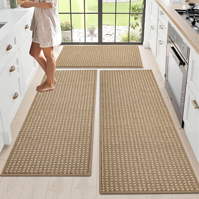 Kitchen Rugs,Non Slip Absorbent Kitchen Mats for Floor-Thick Stain Resistant Washable Kitchen Floor Mat Runner Carpet for Hallways,Entryway,Laundry Room,Sink(17"x29"+17"x48"+17"x59",Brown)