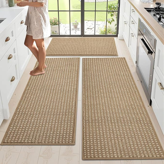 Kitchen Rugs,Non Slip Absorbent Kitchen Mats for Floor-Thick Stain Resistant Washable Kitchen Floor Mat Runner Carpet for Hallways,Entryway,Laundry Room,Sink(17"x29"+17"x48"+17"x59",Brown)
