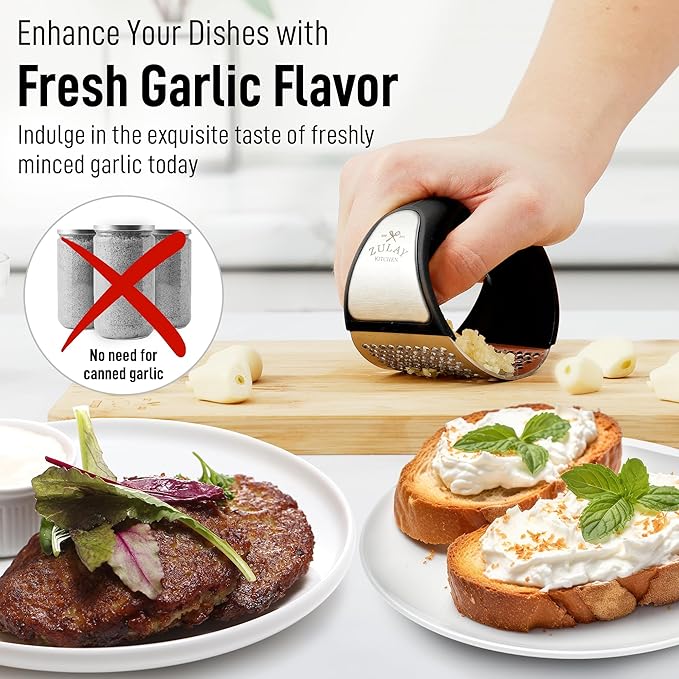 Zulay Stainless Steel Garlic Press Rocker Set - Premium Garlic Mincer Garlic Crusher - New Innovative Garlic Crusher with Peeler and Scraper - Comfortable Grip (DeepBlack)
