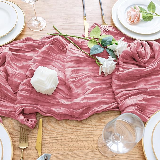 Wokceer Cheesecloth Table Runner Dusty Rose 10FT Boho Gauze Cheese Cloth Table Runner for Party Long Rustic Sheer Table Runners for Baby Bridal Shower Wedding Easter Table Decor