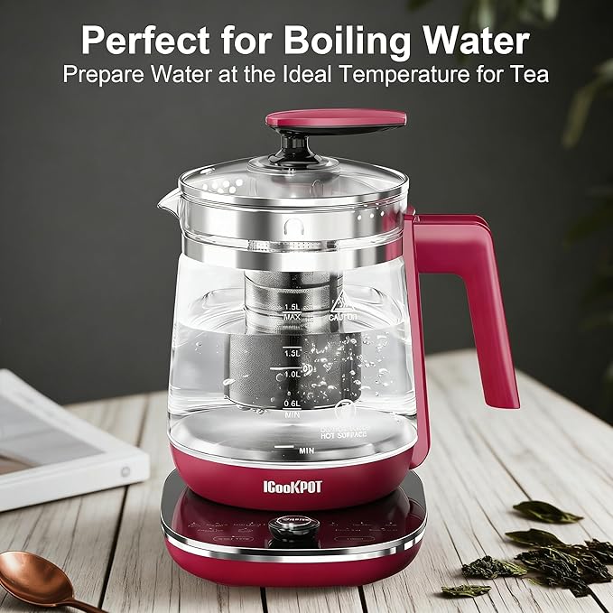 1200w Electric Kettle, 1.5L Borosilicate Glass tea kettle, Hot water kettle electric for Coffee or Tea, BPA Free, Auto Shut-Off, Stainless Steel, Fast Boil, Red