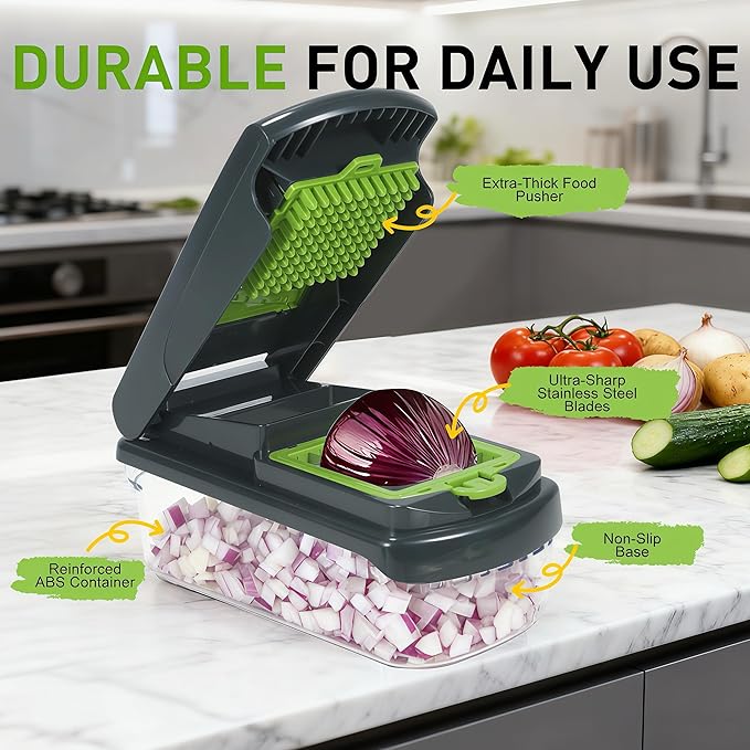 Multifunctional Mandoline Slicer with 7 Blades, Vegetable Chopper Food Cutter with Container, Onion Dicer Potato Grater Salad Prep Tool, Stainless Steel Kitchen Gadgets for Veggie Fruit (Grey)