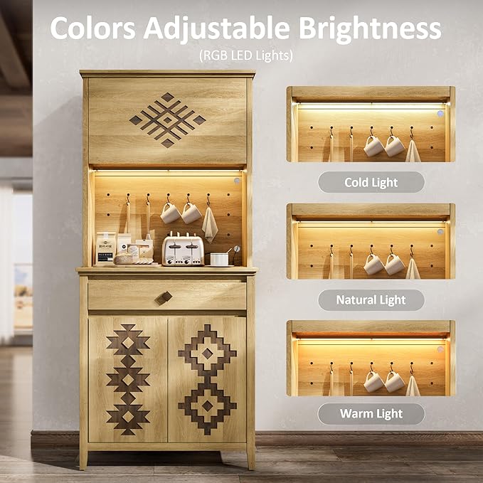 72" Tall Kitchen Pantry with Hydraulic Flip Up Door, Storage Cabinet with LED Lights&Charging Station, Drawer and Adjustable Shelves, Cupboard for Kitchen, Dining Room, and Hallway, Natural