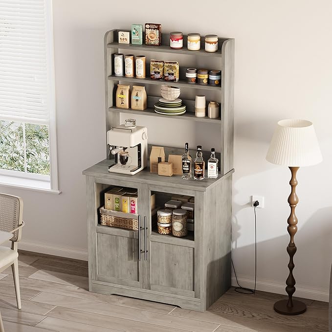 Garvee Farmhouse Bakers Rack with Glass Door, Microwave Stand with Power Outlets, Kitchen Hutch Pantry Cabinet, Kitchen Coffee Bar Cabinet for Spices, Dishes, and Pots, Gray