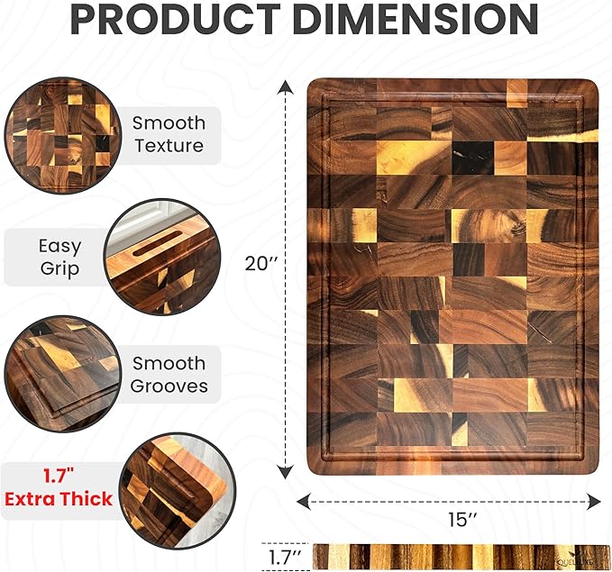 (1.7" Extra Thick & Large) 20"x15" American Black Walnut Wood End Grain Cutting Board for Kitchen with Juice Groove, Inner Handles, Heavy-Duty Butcher Block, Wooden Chopping Board, Charcuterie Boards