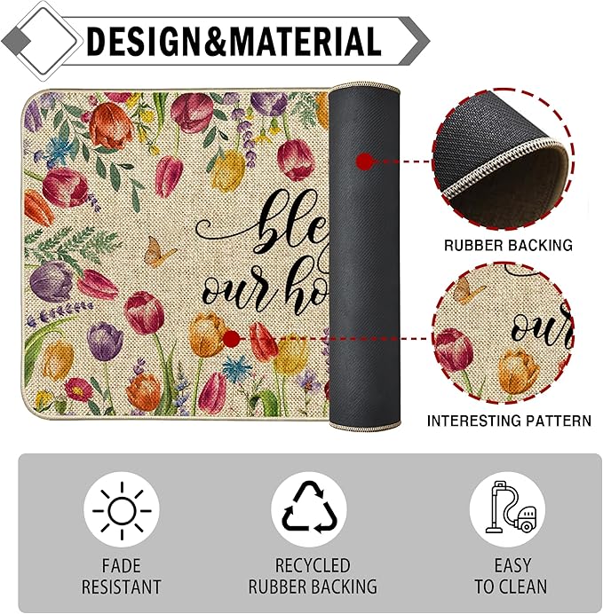 Tulip Lavender Easter Kitchen Mats for Floor Set of 2, Tulip Flower Spring Floor Mats, Non Slip Rubber Backing Kitchen Floor Mat and Rug Set for Kitchen Sink, Office, Laundry