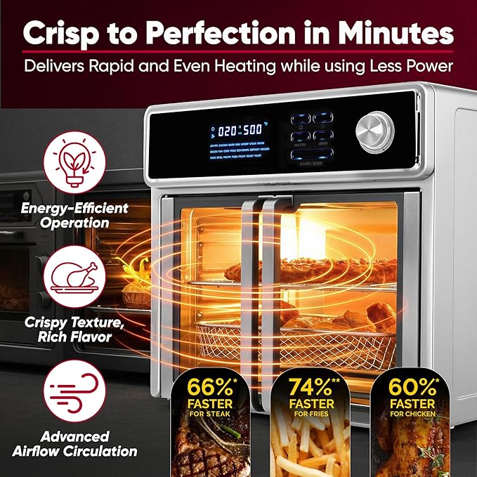 Large Air Fryer Oven 26-Quart |10-in-1 Countertop Stainless Steel Toaster Oven Combo | Non Toxic Family Size Air Fryer - Frying, Baking, Toasting, Dehydrating, Rotisserie | 1700W 360° Heating