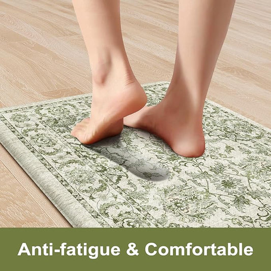 KIMODE Anti Fatigue Mats for Kitchen Floor Non Slip,Boho Vintage Floral Rugs Sets of 2,Cushioned Carpet Non Slip for Laundry,Wide Memory Foam Runner for Sink Office,Green 20"x47"+20"x32"