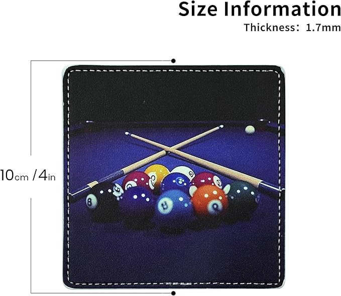 Marble Coasters Square Leather Drinks Coaster Set with Holder for Coffee Table Bar Home Decor 4 Inches Set of 6 (Billiards, One Size)