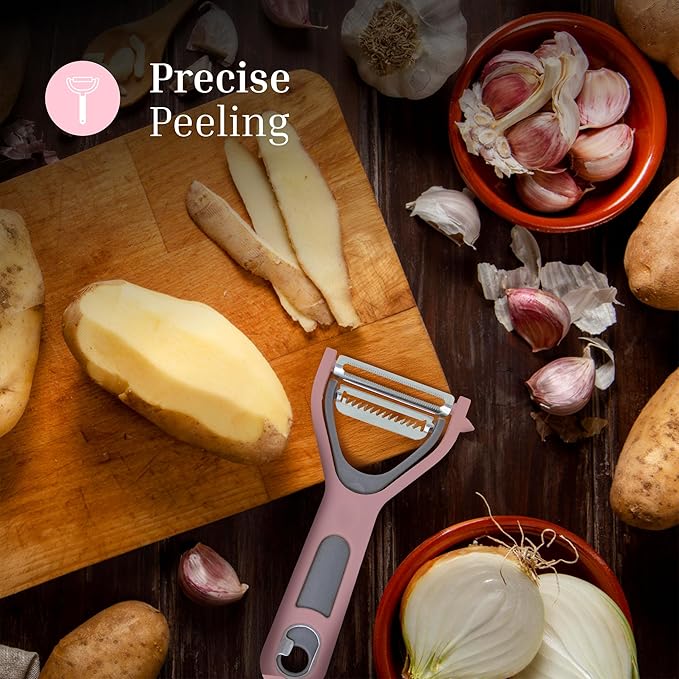3 in 1 Vegetable Peeler – Julienne Slicer with Bottle Opener and Built-in Eye Remover – Stainless Steel Blade with Comfortable Handle – Potato, Cabbage, and Carrot Peeler for Kitchen – Pastel Pink