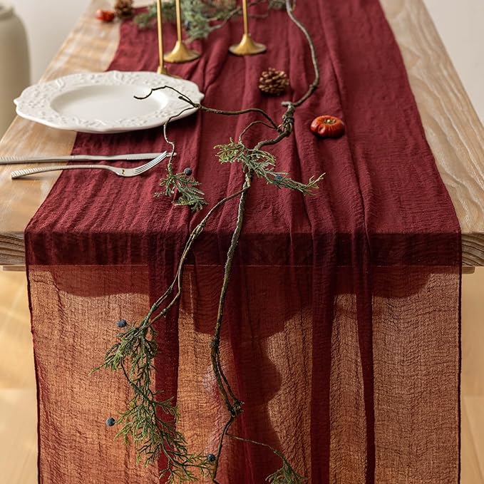 Keketoarrange Burgundy Table Runner Valentines Decor Red Cheesecloth Gauze 120 Inch 10 FT Rustic Boho Cheese Cloth Runner for Wedding Baby Bridal Shower Party Long Sheer Spring Home Decorations