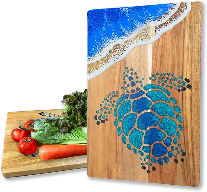 LILKUISYN Acacia Wood Cutting Board With Blue Resin Wave & Sea Turtle Epoxy Resin Ocean Pan for Kitchen Meal Prep Serving Tray Versatile Cheese & Charcuterie Board for Meat Vegetable Gift 15*10 inch