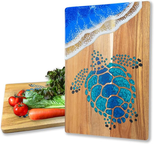 LILKUISYN Acacia Wood Cutting Board With Blue Resin Wave & Sea Turtle Epoxy Resin Ocean Pan for Kitchen Meal Prep Serving Tray Versatile Cheese & Charcuterie Board for Meat Vegetable Gift 15*10 inch