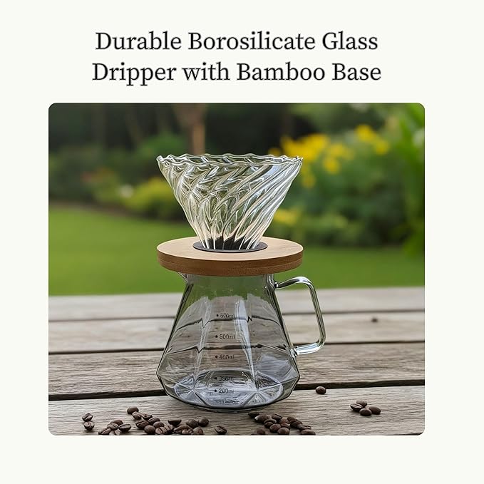 V60 Pour Over Coffee Maker Set with 100 Paper Filters, Glass Dripper and 20 oz Carafe, Manual Drip Coffee Brewer with Bamboo Base for Home or Office, Barista Style Pour Over Kit