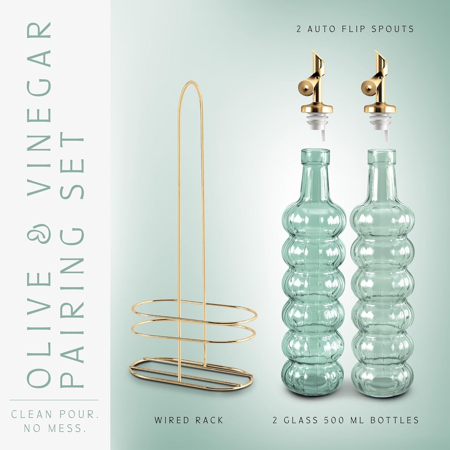 COOK WITH COLOR Glass Olive Oil Bottle Dispenser - 2 Pack- 17oz Oil and Vinegar Cruet - Olive Oil Carafe Decanter for Kitchen, Elegant Waves, Green