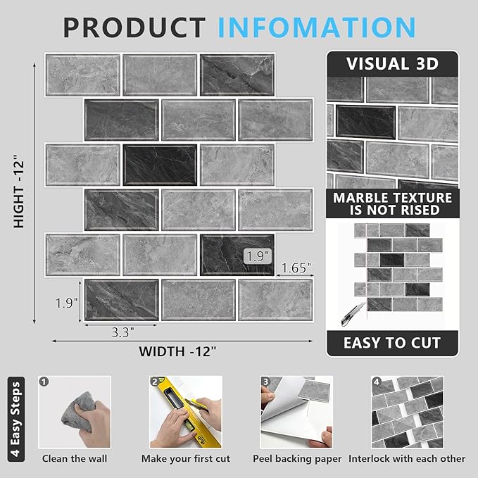 URCOLOR 10-Sheet Peel and Stick Backsplash for Kitchen,12"x12" Self Adhesive Wall Tiles Stick on Back Splashes for Bathroom Gray Marble Look