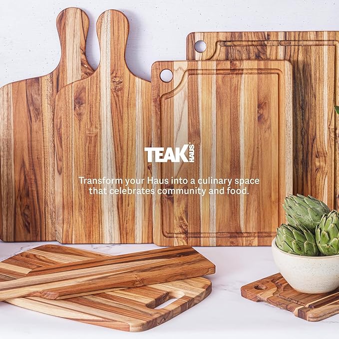 Teakhaus Marine Cutting Board with Juice Groove - Small Square Bar Cutting Board with Corner Hole - Reversible Teak Edge Grain Wood - Knife Friendly - FSC Certified - 4-pack
