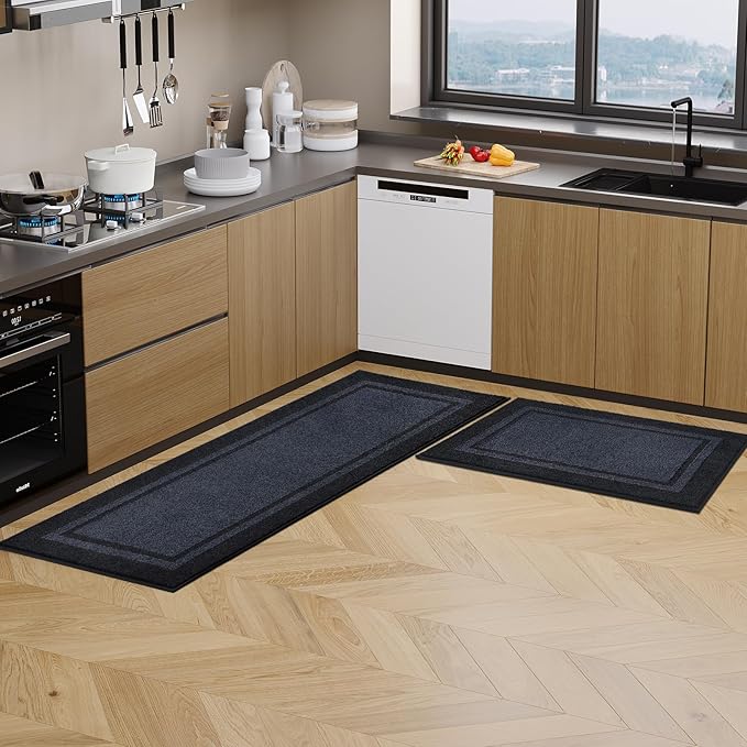 Kichen Rugs 24" x 96", Non-Slip Machine Washable Kitchen Runner Rugs Floor Mats, Absorbent Comfort Standing Mats for Kitchen, Sink, Laundry and Hallway, Bluish Grey & Charcoal