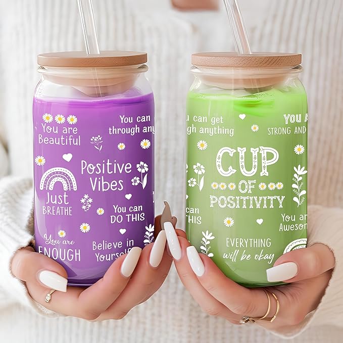 Inspiration Glass Cup 16 Oz with Lid and Straw Positive Motivational Tumbler Iced Coffee Aesthetic Cups Birthday Mothers Day Christmas Inspirational Gifts for Women Mom Teachers Friends