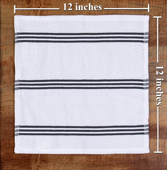 Sticky Toffee Cotton Dishcloths Set of 8 – Gray and White Kitchen Towels 12x12 in, Reusable and Absorbent Tea Towels for Cleaning or Drying, Oeko-Tex Cotton