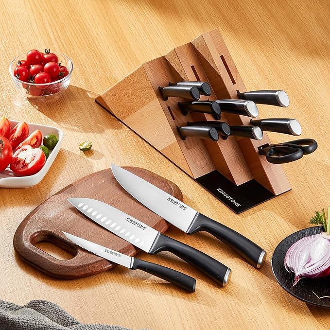 KINGSTONE 14-Piece Knife Block Set, Precision-Honed High-Carbon Stainless Steel Knives with Long-Lasting Sharpness, Ergonomic Balanced Handles for Home & Serious Cooks, Natural