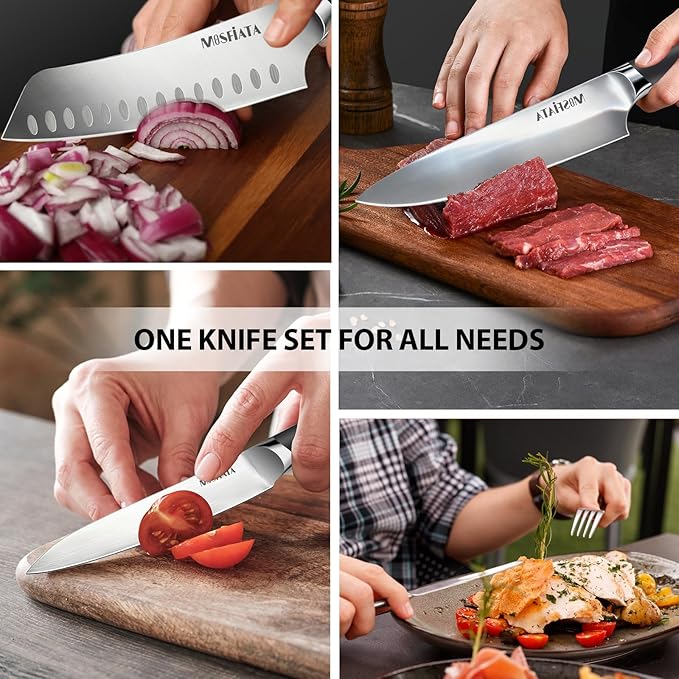 MOSFiATA 19 Pcs Japanese Stainless Steel Knife Sets for with Knife Sharpening Rod, Dishwasher Safe, For Outdoor