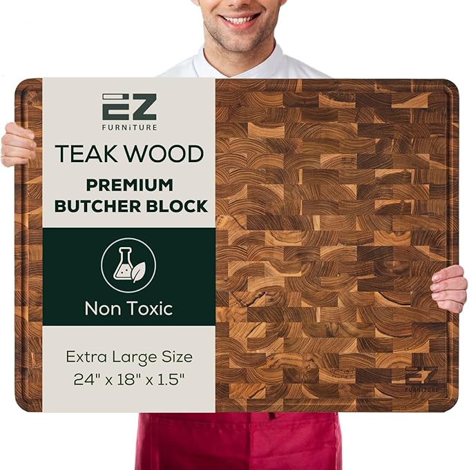 EZ FURNITURE Extra Large (XL) Teak Wood Premium Cutting & Serving Board, Knife Friendly, Pre-Oiled End Grain with Juice Groove & Handles, Non-Toxic (24"Lx18"Wx1.5"Th)