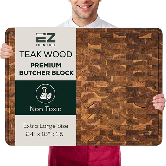 EZ FURNITURE Extra Large (XL) Teak Wood Premium Cutting & Serving Board, Knife Friendly, Pre-Oiled End Grain with Juice Groove & Handles, Non-Toxic (24"Lx18"Wx1.5"Th)
