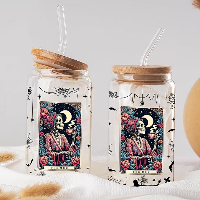 Funny Skeleton Mom 16 Oz Iced Coffee Cups Tarot Card Halloween Glass with Lids and Straws Spooky Skull Drinking Glasses Mommy Witchy Mugs Gothic Christmas Gifts for Women Mama Aunt Coworkers