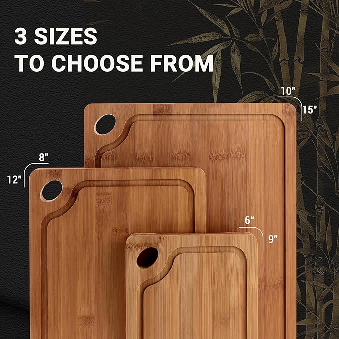 Lacusmall Bamboo Cutting Board, 3 Pcs Cutting Boards for Kitchen with Built-in Handles and Deep Juice Grooves, Wooden Cutting Boards for Separating Meat, Vegetables, fruit, Ideal Kitchen Gift