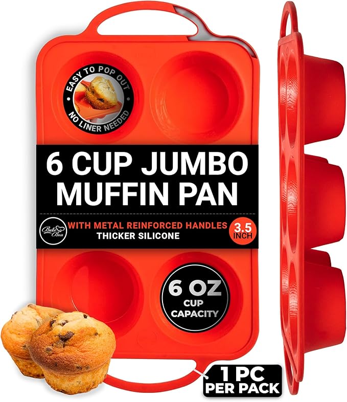 BAKE BOSS Silicone Jumbo Muffin Pan 6 Cup–Non-Stick Cupcake Pans for Baking, Heavy-Duty Large Silicone Muffin Pans for Baking, BPA-Free, Easy-Release, Oven & Dishwasher Safe