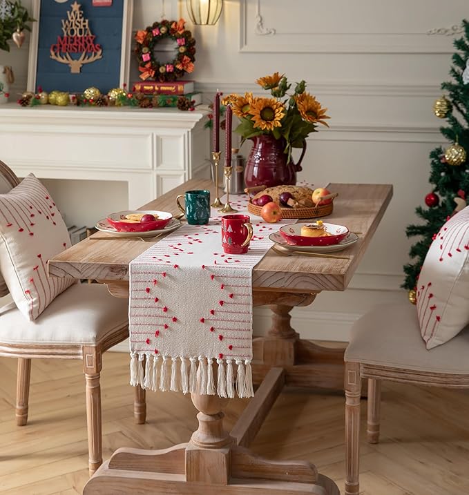 Valentines Table Runner 13 x 90 Inch Long Natural Cotton Woven Runner with Tassels for Home Dining Valentine's Day Decorations, for Modern Farmhouse Holiday Boho Table Runner, Red and Beige