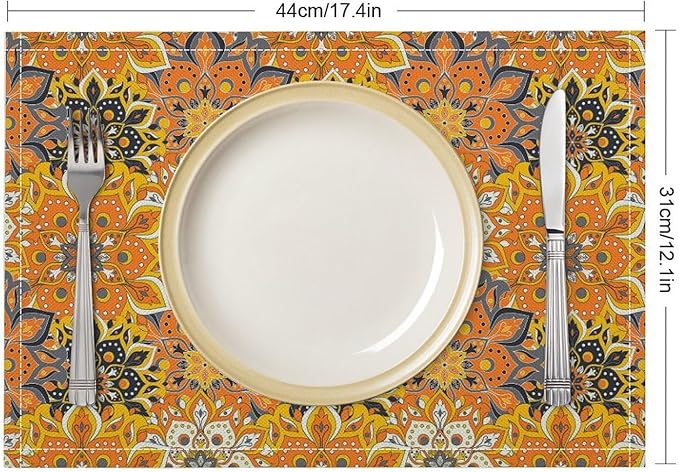 Mandala Placemats Set of 4 Vintage Bohemia Orange Flower Art Printed Dining Table Mats for Restaurant Home Kitchen Holiday Picnic Party Decor 12x18in