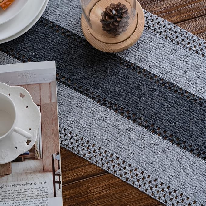 Alynsehom Macrame Table Runner Grey Boho Table Runners with Tassels Hand Woven Cotton Table Runner Rustic Farmhouse Table Runners for Bohemian Kitchen Dining Table(12x95in)