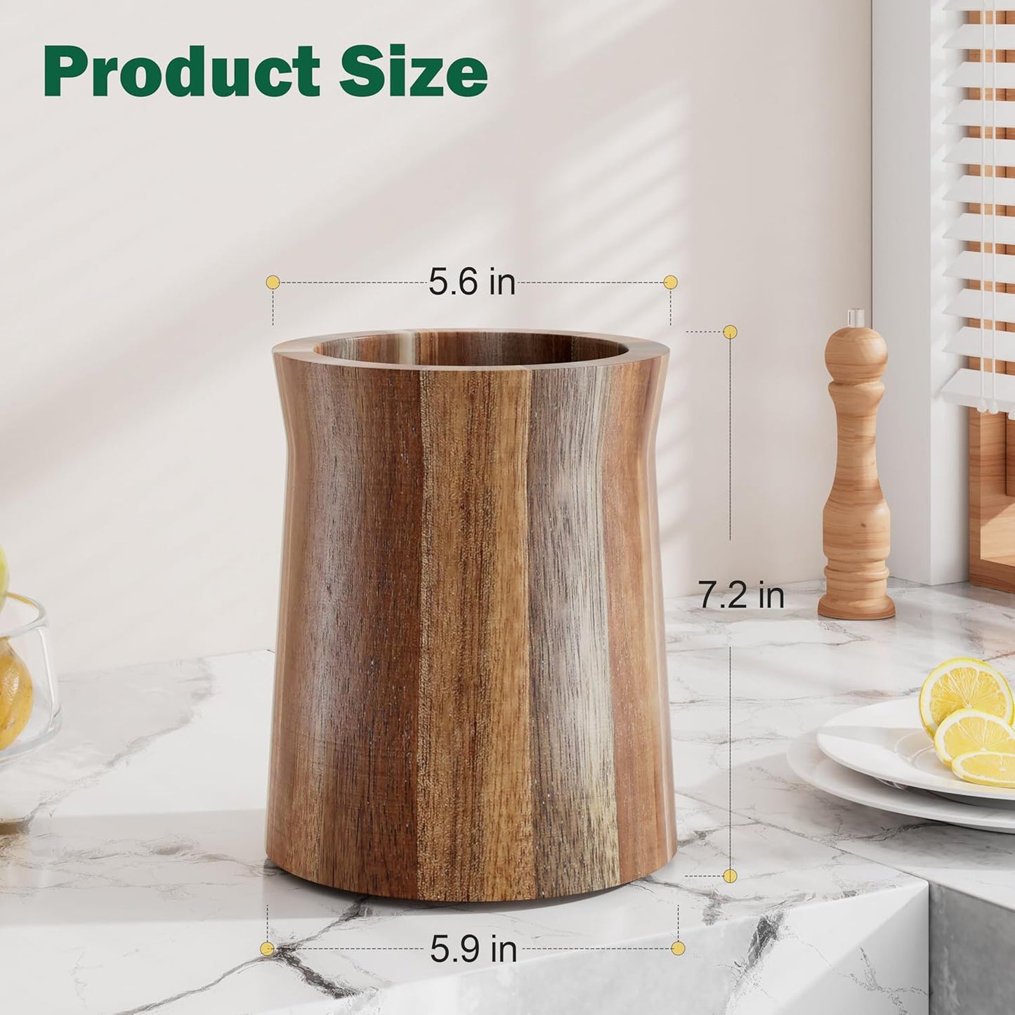 Utensil Holder, Acacia Wood Utensil Holder for Kitchen Counter, 360° Rotating Cooking Utensil Crocks for Countertop, 7.2" Large Utensil Organizer for Spatula Storage