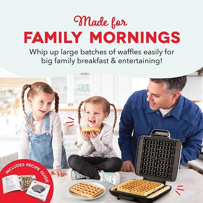 Dash No-Drip Waffle Maker - Quad Waffle Maker for Hassle-Free Breakfasts - Dual Nonstick Heating Plates & Quick Heat-Up System - Easy-Release Surface - Silver