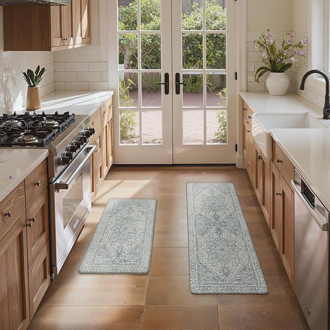 GENIMO Kitchen Mats for Floor, 2PCS Kitchen Rugs Non Slip Washable, Waterproof Anti Fatigue Mat, Comfort Standing Runner Rug for Sink, Office, Laundry, Home, 17.3"x47"+17.3"x30", LightGrey