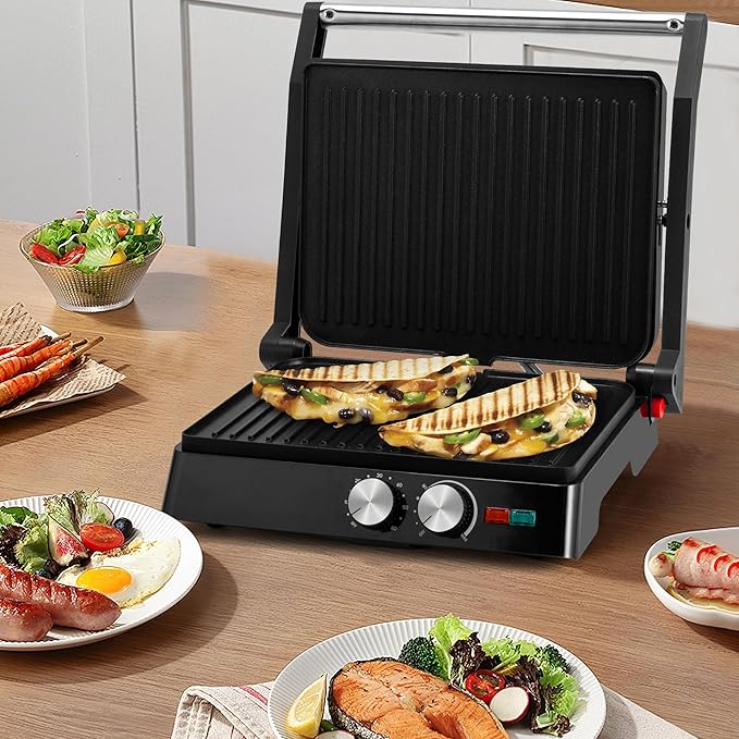 SUSTEAS Panini Press Sandwich Maker and Electric Indoor Grill with Temperature Time Setting, Easy Clean Nonstick Grids, Opens 180°/105° to Fit Any Type or Size of Food, 1400W, BBQ, Black